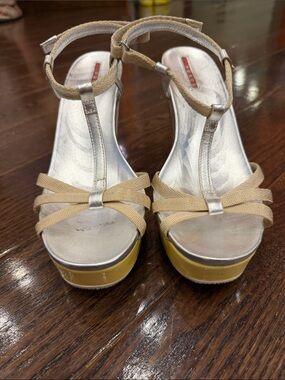 Prada Beige and Silver Platform T-Strap Sandals with Yellow Sole